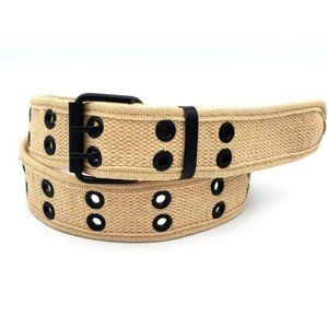 Beige 2 Holes Row Grommet Canvas Fabric Web Belt Size Small